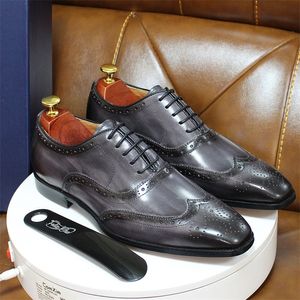 Size 6-13 Handmade Mens Wingtip Oxford Shoes Grey Genuine Leather Brogue Men's Dress Shoes Classic Business Formal Shoes for Men 201215