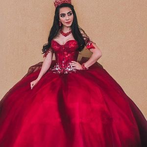 Кристалл бусины Quinceanera платья принцессы Кружево 2020 с плеча Длинные бальное платье Pageant Vestidos De 15 мантий