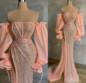 2022 Plus Size Arabski ASO EBI Pink Mermaid Sparkly Prom Dresses Zroszony Cekinowy Koronki Wieczór Formalna Party Druga Recepcja Urodziny Suknie Zaręczynowe Sukienka ZJ205