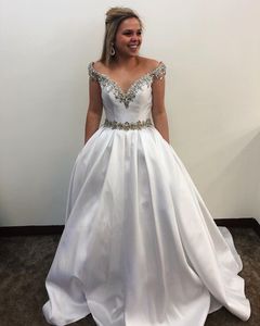 Setwell Off The Shoulder A-line Wedding Dresses Sleeveless Crystals Beaded Pleated Satin Floor Length Bridal Gowns With Pockets