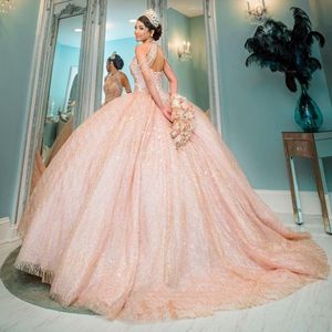 Rose Gold Pink Sequined Lace Quinceanera Klänningar High Neck Crystal Beading Off Shoulder Ball Gown Vestidos De Dress Gästkorsett Tillbaka