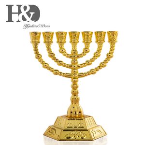 H&D 12 Tribes of Israel Menorah Jerusalem Temple 7 Branch Je Hanukkah Decorative Candle Stick Holders Gold 4.3inch T200703