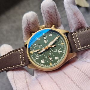 41mm real bronze case automatic 7750 chronograph pilot men watch sapphire crystal waterproof wristwatch genuine Leather Strap date227D