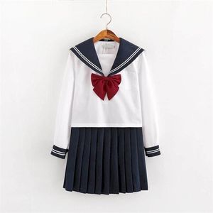 Sailor Suit Female Japanese JK Uniform Student Jacket Korean Stil Lång och kort kjol Navy Söt ärmskola 220221