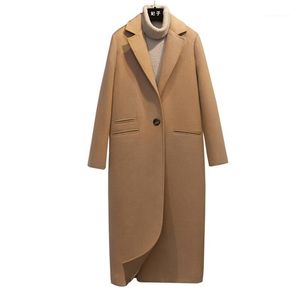 女性ウールブレンドラクダブラックロングレディースジャケットコート2021ファッション秋冬エレガントスリムオーバーコート暖かい女性の高品質1
