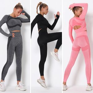 Seamless Vital Women Sport Suit Yoga Set Gym Workout Clothes Long Sleeve Fitness Crop Top + High Waist Energy Leggings Y1225