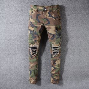 Amerikanische Streetwear Fashion Männer Jeans Camouflage Military Große Tasche Denim Cargo Hosen Zerrissene Slim Fit Hip Hop Jean