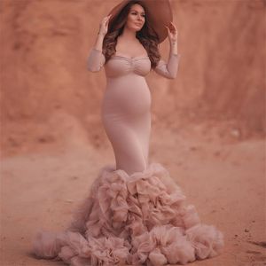 Chic Mermaid Maternity Dresses Långärmade Med Tulle Ruffles Fluffy Mermaid Prom Party Gowns Custom Made