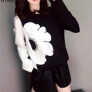 Woherb coreano moda novo hoodies mulheres o pescoço manga comprida contraste cor moletom casual solta senhoras tops pulôver 25776 lj201103