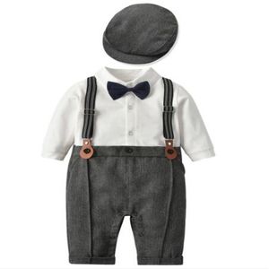 Çocuklar Bebek Erkek Giyim Setleri Düğün Parti Beyefendi Suit Yenidoğan Bebek Yay Bodysuit + Şapka Kıyafetler Beyefendi Doğum Günü Hediyesi