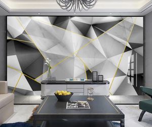 Modern simple three-dimensional geometric gold line gray and white marble TV background wall 3d wallpapers