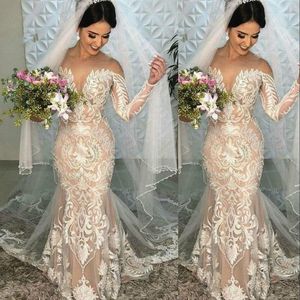 2022 Boho Country Mermaid Bröllopsklänningar Champagne Illusion Neck Full Lace Appliques Långärmade Sweep Train Custom Formal Bridal Gowns Plus Storlek