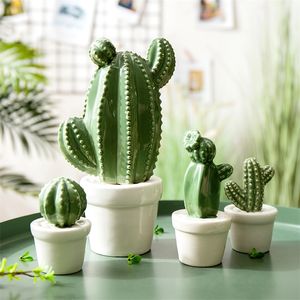 Ceramics Cactus Potted Plant Set Creative Home Decoration Cafe Restaurant Living Room Ornaments Wedding Decor Christmas Gift T200703