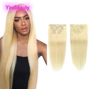 Peruvian Virgin Clip-In Hair Extensions Blond rak 14-24 tum 100g 70g 613# Färgklämma på grossist