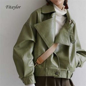 Fitaylor 2022 Loose Pu Leather Batwing Sleeve Vintage Leather Jacket Street Casual Outwear Ladies Biker Leather Coat Multicolor 220112