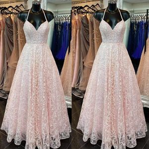 Lindo Light Lace Light Blush Rosa Prom Vestido Halter Decote Aberto Uma Linha Diamantes Strass Beading Elegante Noite Formal Vestidos