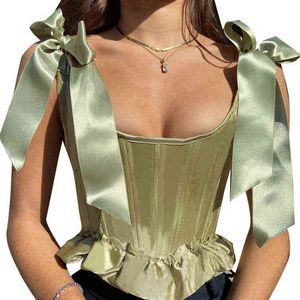 Women's Sexy Crop Tank Tops Sexy Cute Solid Color Bow Tie Strap Sleeveless Criss Cross Lace-Up Corset Tops Summer 2022 Y220308