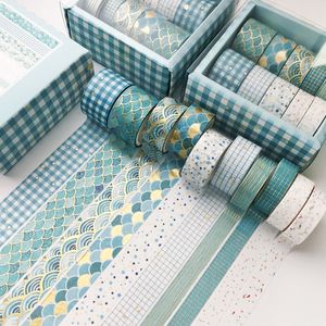 10 st / set Blue Geometry Series Gold Washi Tape Set Scrapbooking Dekorativa Lim Tapes Paper Japansk Stationery Sticker