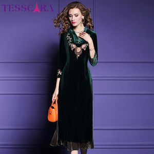 テスカラの女性エレガントな刺繍ベルベットドレス女性デザイナーカクテルパーティーローブヴィンテージ中国風のvestidosプラスサイズ4xl