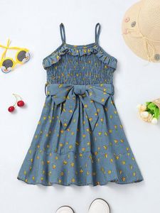 Toddler Girls Ditsy Floral Print Shirred Frill Trim Belted Cami Dress SHE