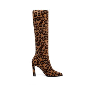 Hot Sale 2020 High Heels Women Boots Mid Calf Skor Sexig Pekad Toe Vinter Höst Stretch Suede Slip på Kvinna Stövlar Storlek 34-43