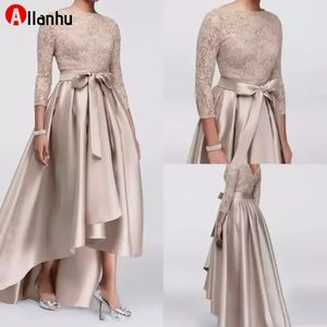 2022 Chic High Low Kleider für die Brautmutter Spitze Pailletten Lange Ärmel A-Linie Satin Mutterkleid Abendgarderobe für Hochzeiten BA9951