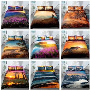 Drzewa Zmierzch Krajobraz Pościel Zestawy Kokosowe Ocean 3D Drukuj Duvet Cover Pillowcases Dla Dorosłych Kids Łóżko Zestaw Z Poszewką 201114