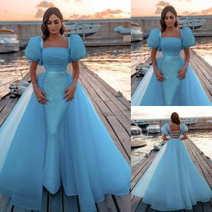 Light Sky Blue Mermaid Backless Prom Dresses Square Neck Short Sleeves Sequined Evening Gowns With Detachable Train Tulle Formal Dress