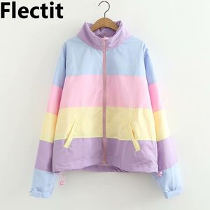 Flectit Dam Pastell Rainbow Bomber Jacka Söt Färg Block Duster Souvenir Sukajan Windbreaker Girls Harajuku Pastel Goth * 201028