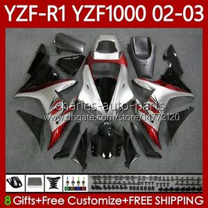 Bodys para Yamaha YZF R1 1000 CC YZF-R1 YZF-1000 00-03 Bodywork 90NO.38 1000CC YZF R1 YZFR1 02 03 00 01 YZF1000 2002 2003 2000 2001 Kit de Feira do OEM Silvery Red Blk