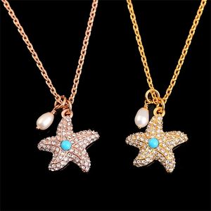 Saphir-Perlen-Halskette. großhandel-Mode Diamant Inlaid Sapphire Seestern Pearl Lange Halskette Ozean Stil Einfache Pullover Kette Frauen
