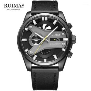 Armbandsur 2021 Top Ruimas Fashion Black Watches Men Quartz Watch Male Chronograph Leather Wristwatch Relogio Masculino RL5641