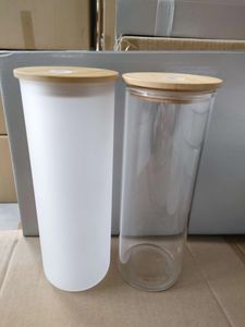2 Óculos de sublimação de 25oz Tumbler Claro Clear Fosco Vidro Reta Copo Skinny com tampa de selagem de bambu Reusável palha de plástico transparente Bebida Beber garrafa