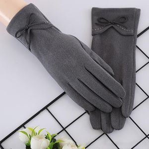 2020 Inverno Fashion Senhoras Cor Pura Quente Bowknot Alemão Veludo Luvas Ao Ar Livre Tela em forma de T para o dedo indicador