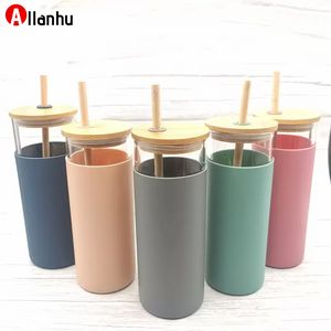 NUOVO! 480 ml 16 once tazza di vetro tazza di succo tazze di latte con manicotto in silicone coperchio di bambù e cannuccia ecologico novità bicchiere bottiglia di vino ufficio auto panda drinkware