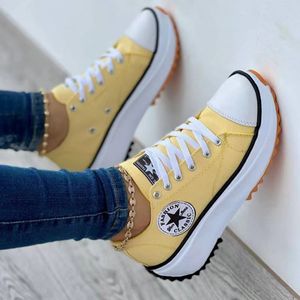 No brand logo new spring large size multi color lace up round head canvas shoes low top thick sole single shoes