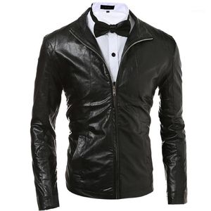 Men's Jackets Wholesale- Men's Foreign Trade Explosion Models Solid Color Simple And Stylish Slim Leather Jacket Black/Red/Dark Blue M-