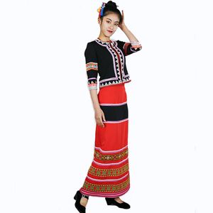 Tajlandia Odzież Etniczna Elegancki Outfit Festival Taniec Performance Wear Tops and Spódnica Zestaw Haftowane Kostium Azji