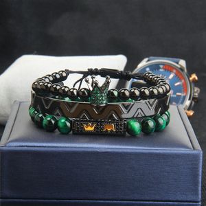 3 pezzi/set bracciale Bangel corona per uomo bracciale intrecciato corona CZ verde gioielli polsino in acciaio inossidabile moda