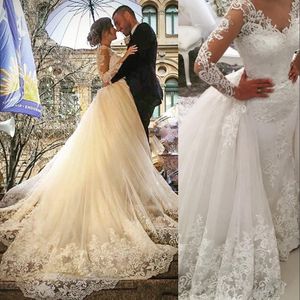 2022 Luxury African Mermaid Wedding Dresses V Neck Long Sleeves Illusion Full Lace Applique Overskirts Detachable Train Button Back Bridal Gowns Plus Size