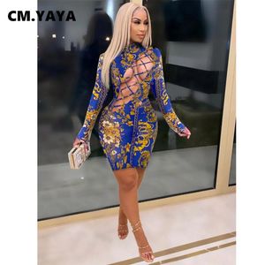 CM.Yaya Güz Paisley Çiçek Baskı Kadın Midi Elbise Uzun Kollu Bodycon Seksi Kulübü Parti Kalem Lace Up Mini Elbiseler Oymak