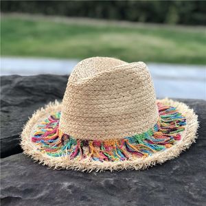 Coloerfull tassel fita decorar palha sombreamento sol senhora moda praia jazz verão chapéu para mulher y200714