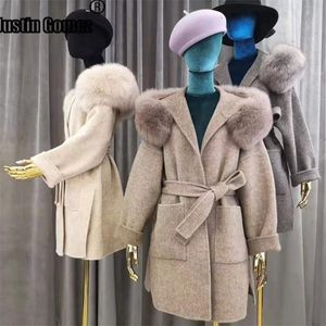 Märke Berömd Real Cashmere Woolen Coat med Real Fox Fur Hoodie Real Fur Coats Abrigos Para Mujer 201103
