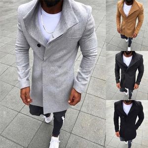 New Men's Casual Long Wool Button Jackets Solid Color Long Sleeved Windbreaker Coat Men Fashion Winter Warm Coats Trench Clothes LJ201106