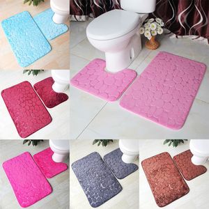 Bath Mat 2 Piece Set Cobblestone Pattern Toilet Cover Foot Pad Non-slip Absorbent Bathroom Doormat Flannel Soft Bath Rug Carpet