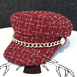 Berets 2021 Women Vintage Metal Chain Tweed Hat Winter Retro Flat Warm Hats Female Plaid Youth Cap1