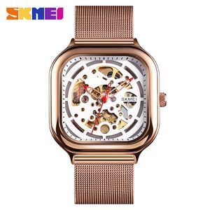 Moda Criativa Quadrada Novo Automático Hollow Mechanical Watch Men's Waterproof Mechanical Watch Watch Homens (Branco)