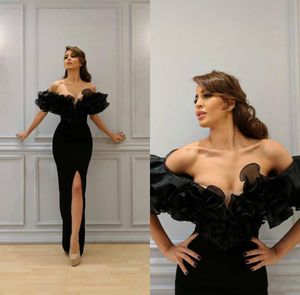 Sexy Front High Slit Black Sheath Prom Dresses Simples Satin Ruffles Off Shoulder Long Formal Evening Dress Special Occasion Party Gowns