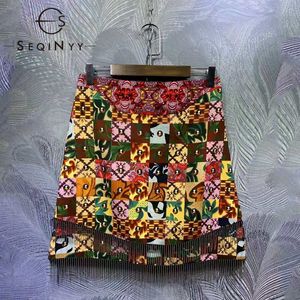 Seqinyy Sicily Style Skirt 2021夏の春の新しいファッションデザイン女性滑走路高品質ビーズタッセル花格子プリントY1214