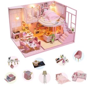 Pink DIY Doll House With Furniture Children Adult Miniature Wooden DollHouse Construction Model Building Kits Doll House Toy 201217